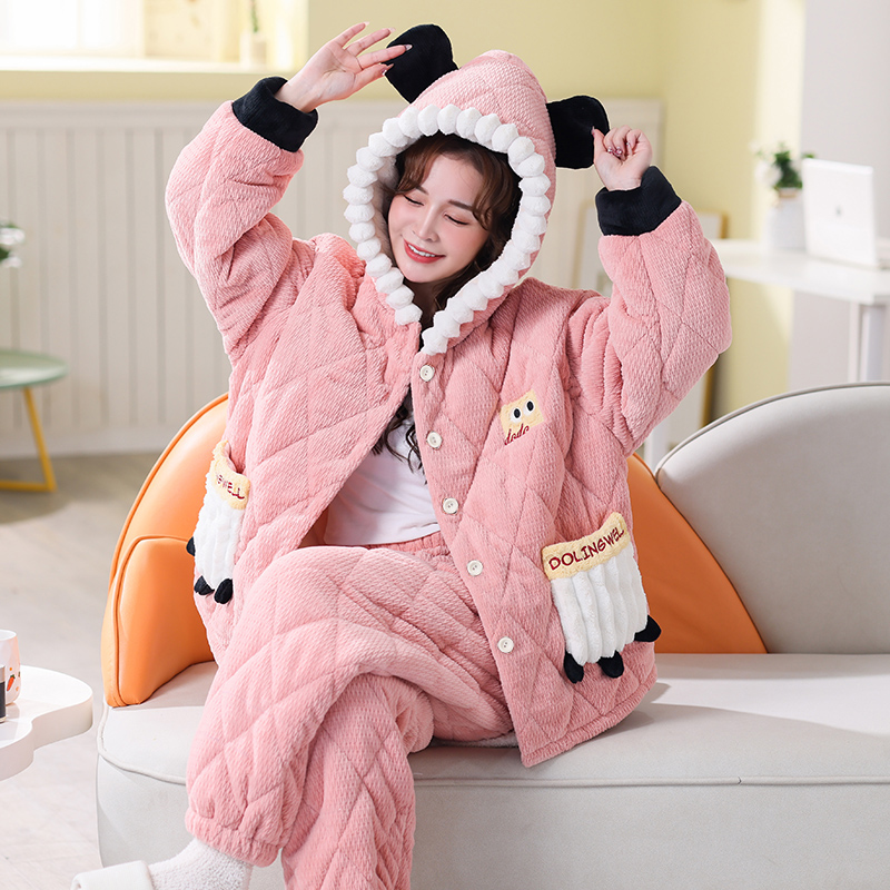 冬季连帽三层夹棉加厚绒睡衣女士长袖大码保暖绒家居服卡通套装