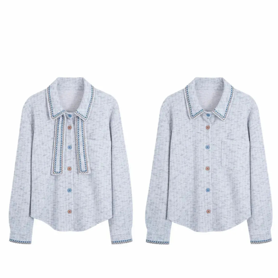 秋冬新款时尚高级洋气显瘦设计款扎染气质韩范中长款飘带衬衫