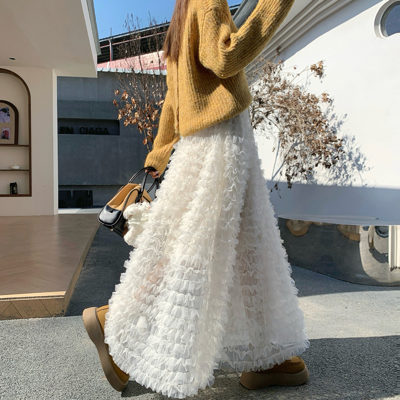 冬季长款网纱蛋糕裙纱裙半身裙女秋冬2025仙仙纱裙蓬蓬杏色长裙子