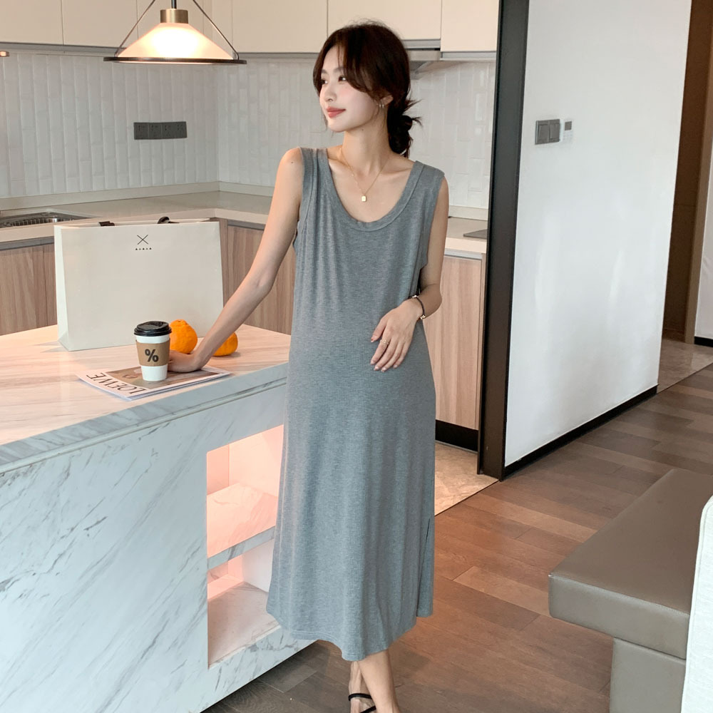 夏季新款孕妇裙韩版休闲弹力修身圆领背心裙中长款潮妈针织无袖裙