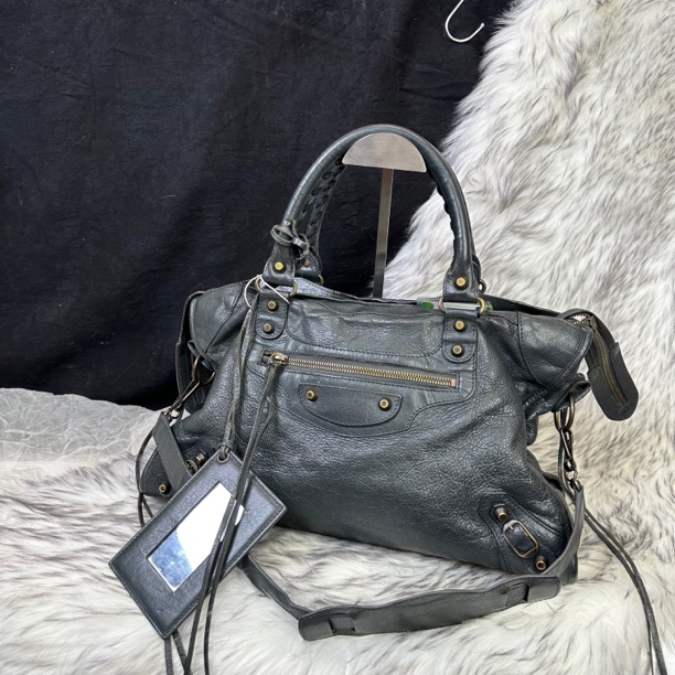 95新 Balenciaga/巴黎世家 深灰色机车手提斜挎包
