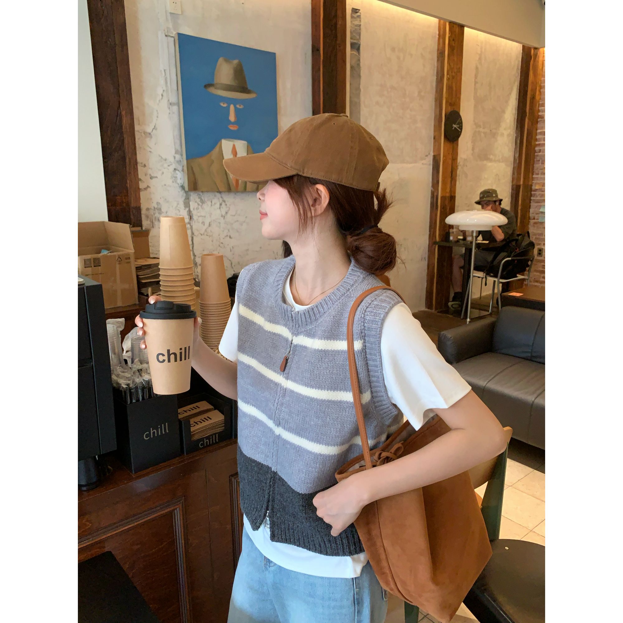 【C·Cai】高级感条纹双拉链开衫马甲9902#宽松圆领无袖背心坎肩外套