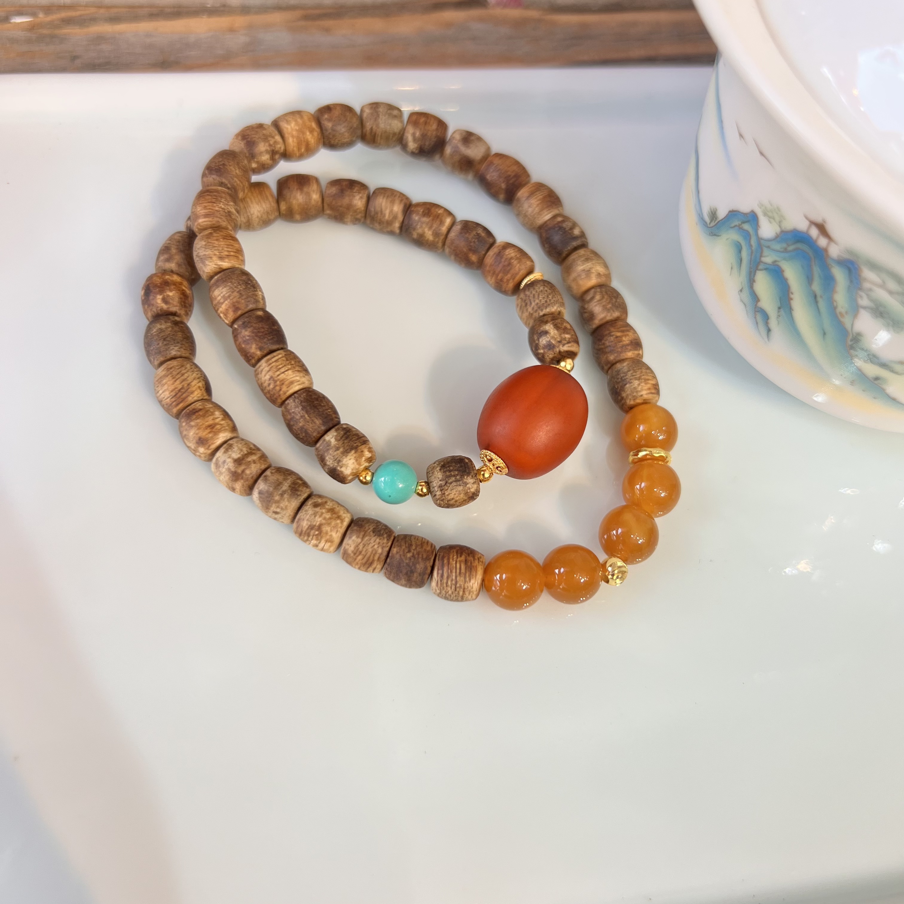 双圈莺歌绿香香老蜡直切手链