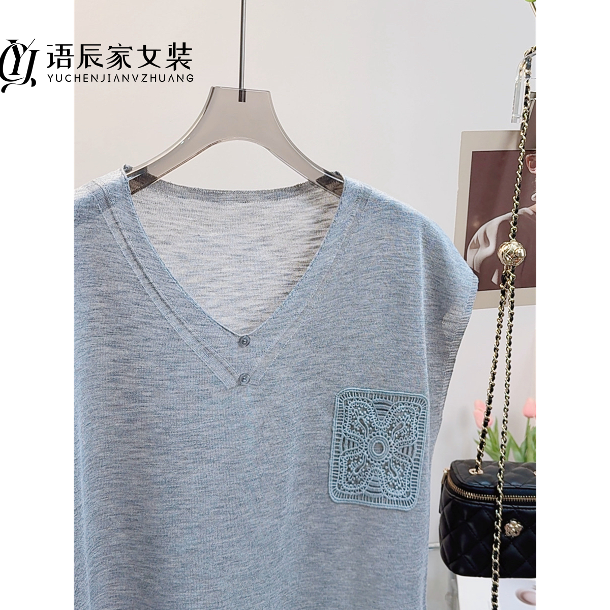 B1097【线下同款】16针竹节~高定！夏季纯色飞飞袖V领纽扣女针织衫