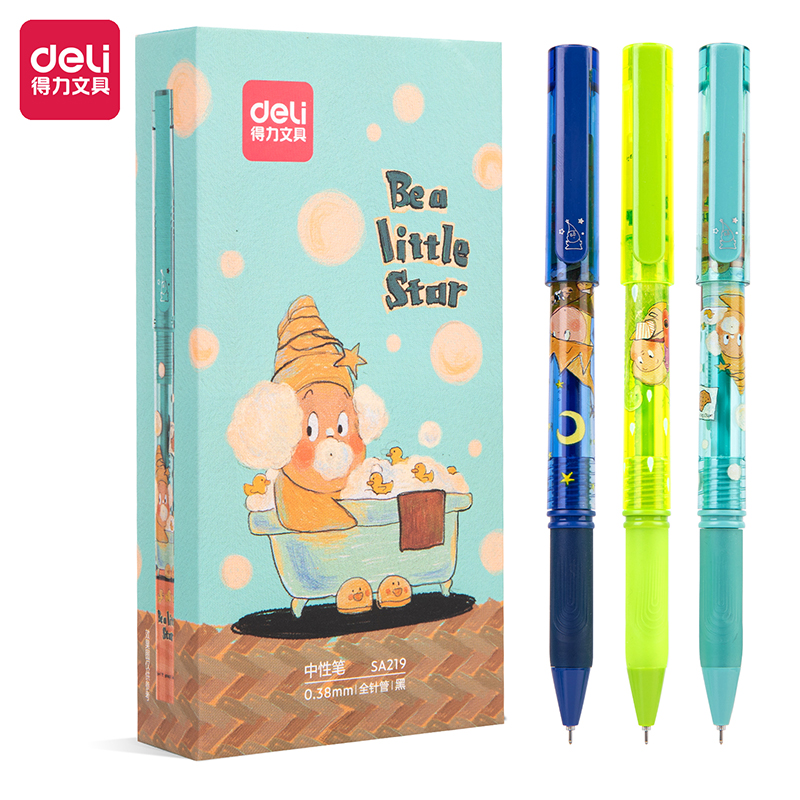 得力SA219拔帽学生中性笔全针管(黑)12支