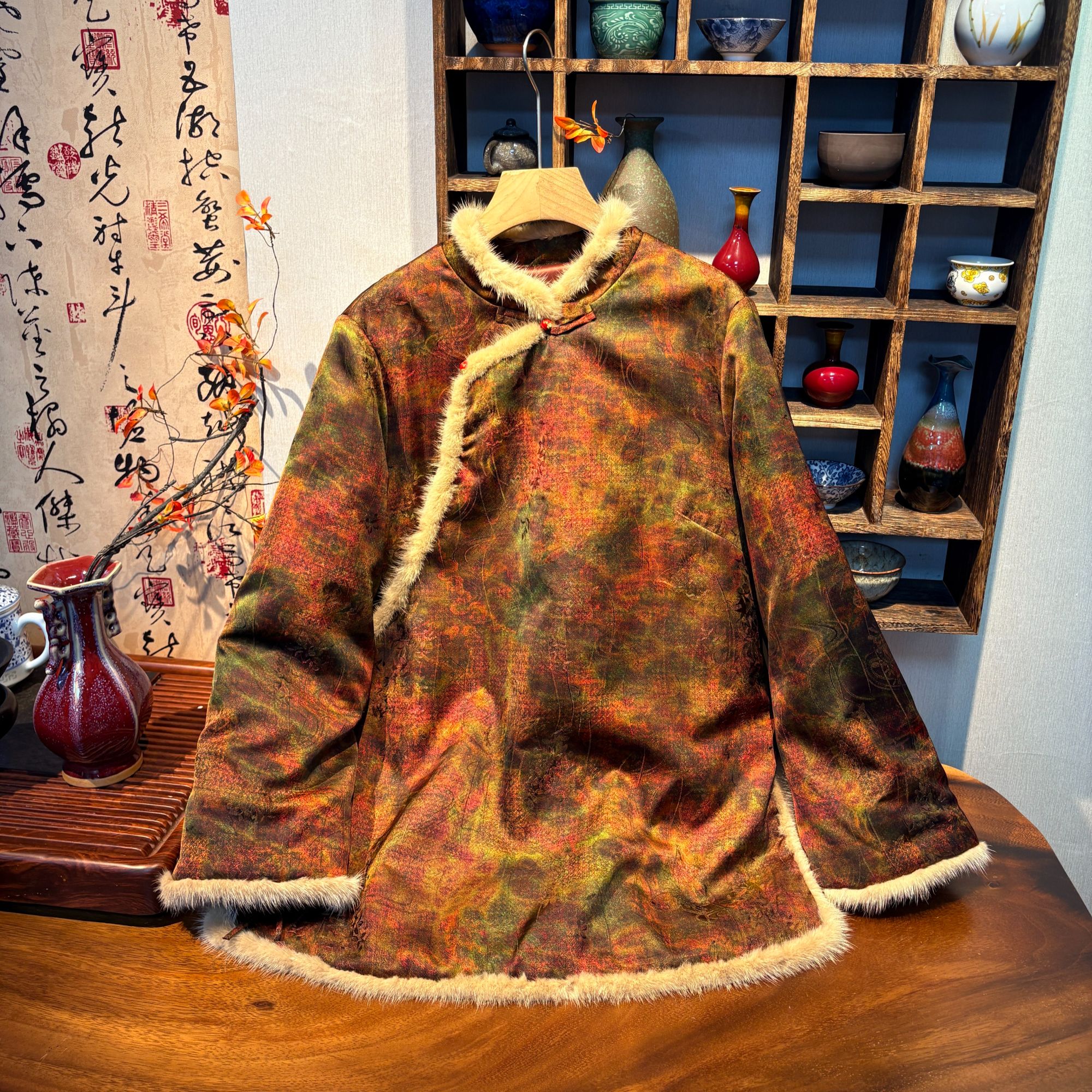 YUEZHE水貂毛中国风厚款冬季棉衣2025中式长袖提花斜襟保暖外套