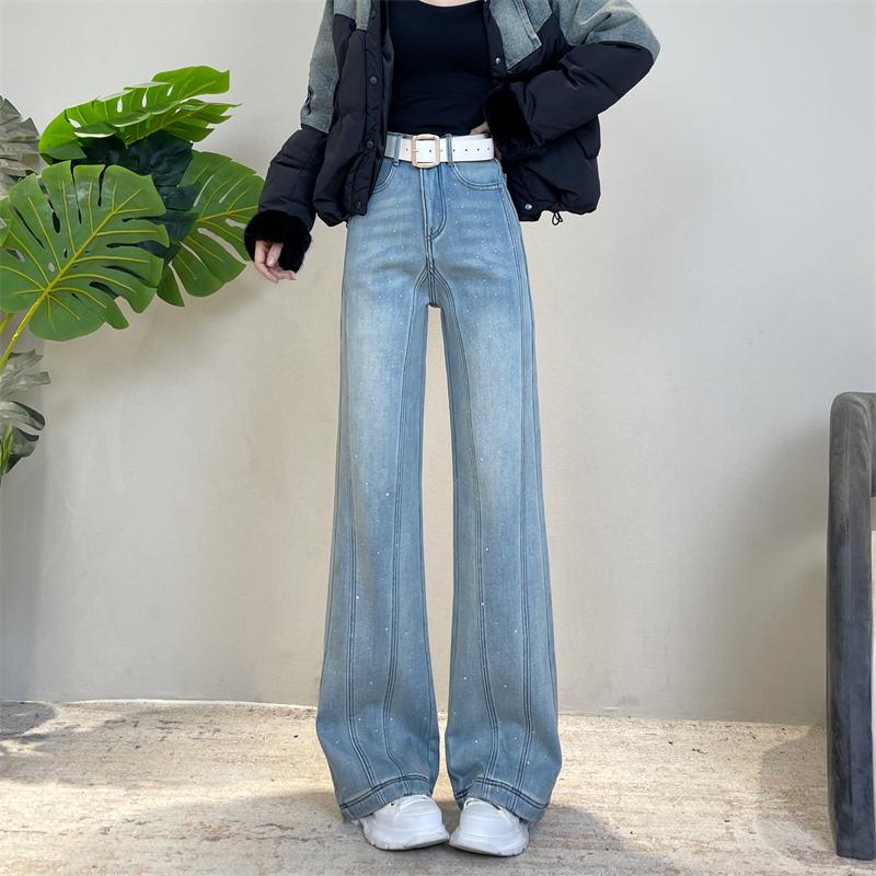 迪否气质镶钻窄版加绒阔腿裤女冬季新款不贴腿垂感宽松休闲牛仔裤