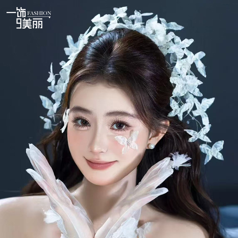 新娘头饰森系超仙灵动蕾丝蝴蝶发箍韩式发饰婚纱礼服影楼拍照配饰
