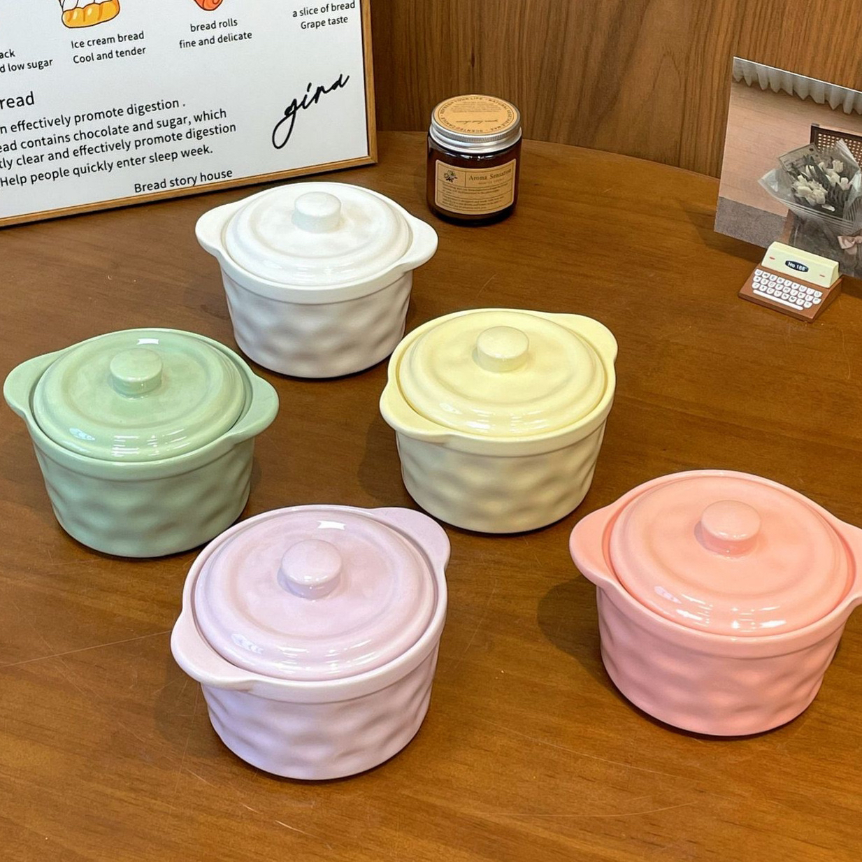 ins韩国家用陶瓷双耳炖盅隔水炖汤盅带盖蒸蛋碗儿童辅食小碗烤碗