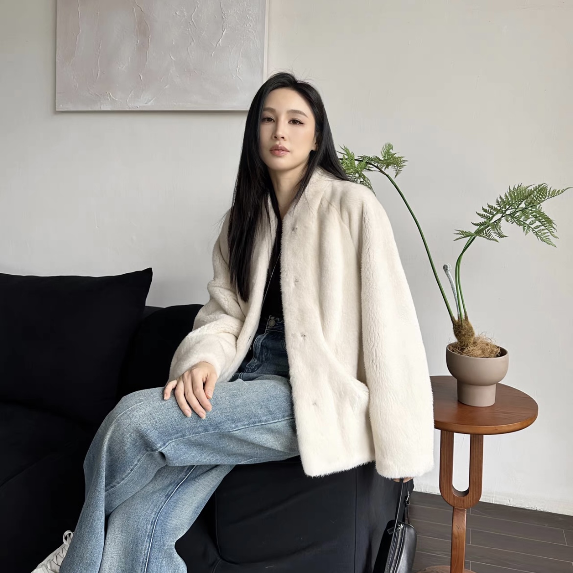 奢侈小姐 新款小立领进口整貂天鹅绒蝙蝠袖宽松高奢皮草外套冬