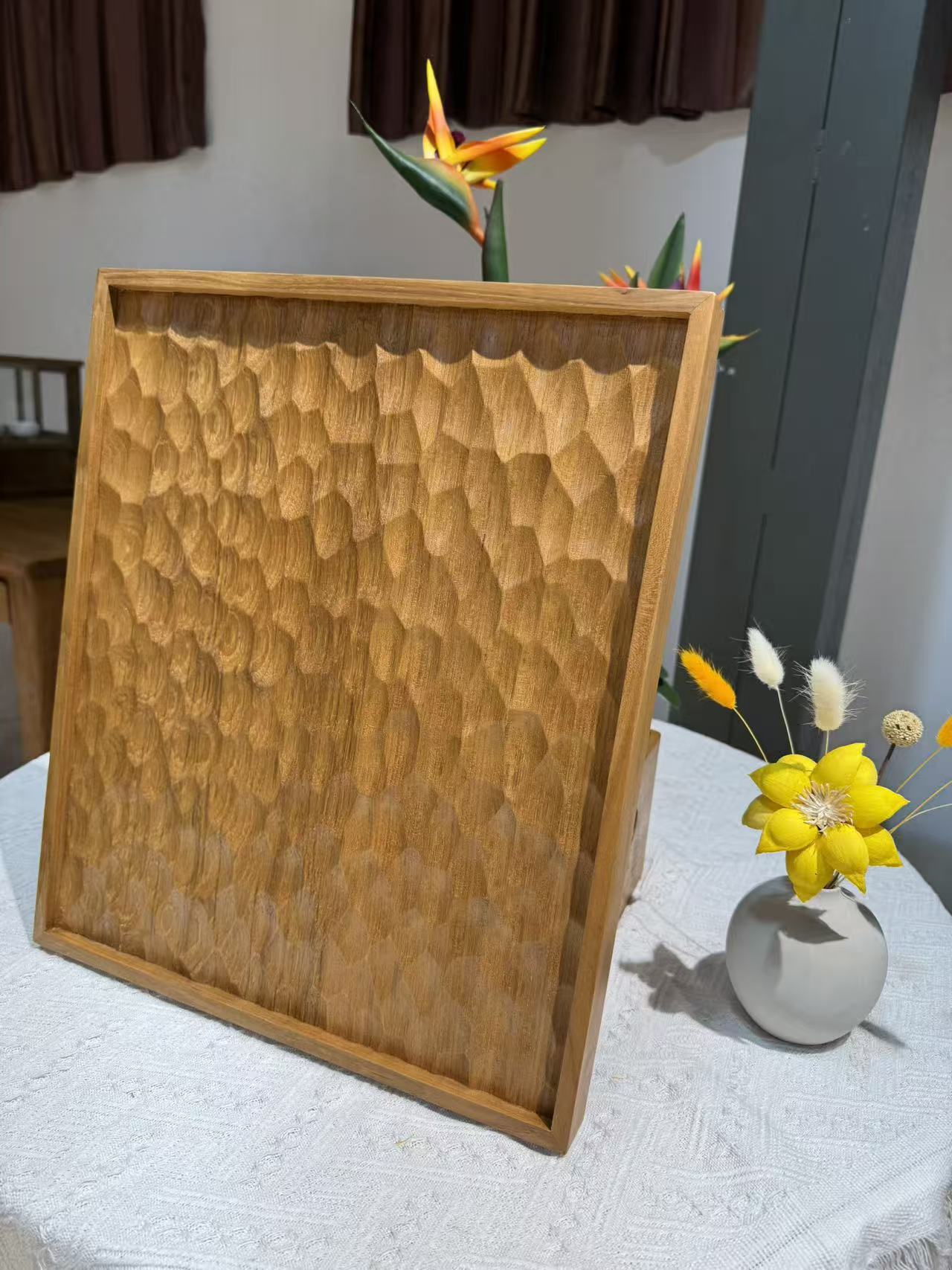 缅甸柚木 多功能手作锤纹摆件干泡茶台双面使用