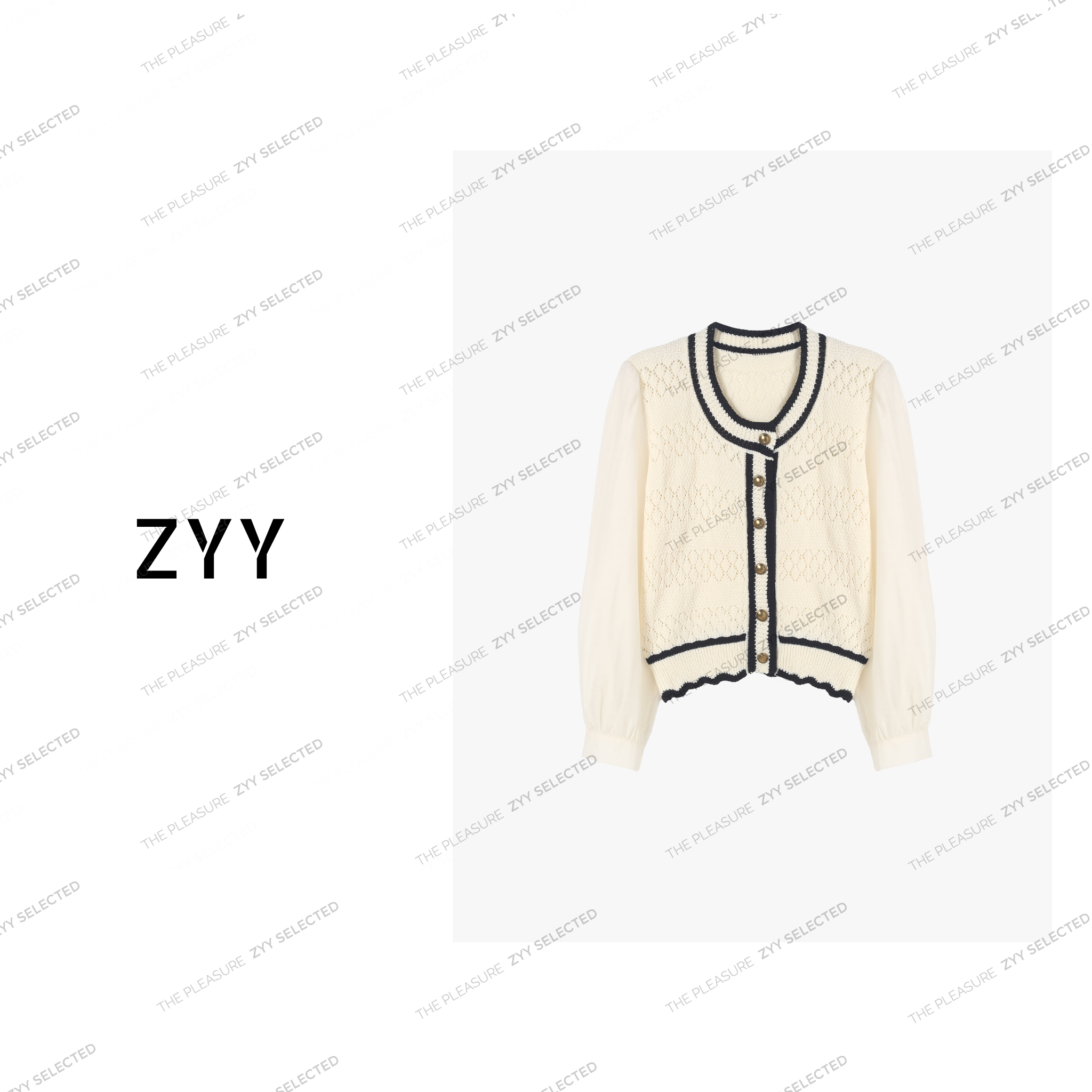 ZYY【春之序曲】2025S/S新品撞色圆领时髦镂空毛针织衫女X25CC265