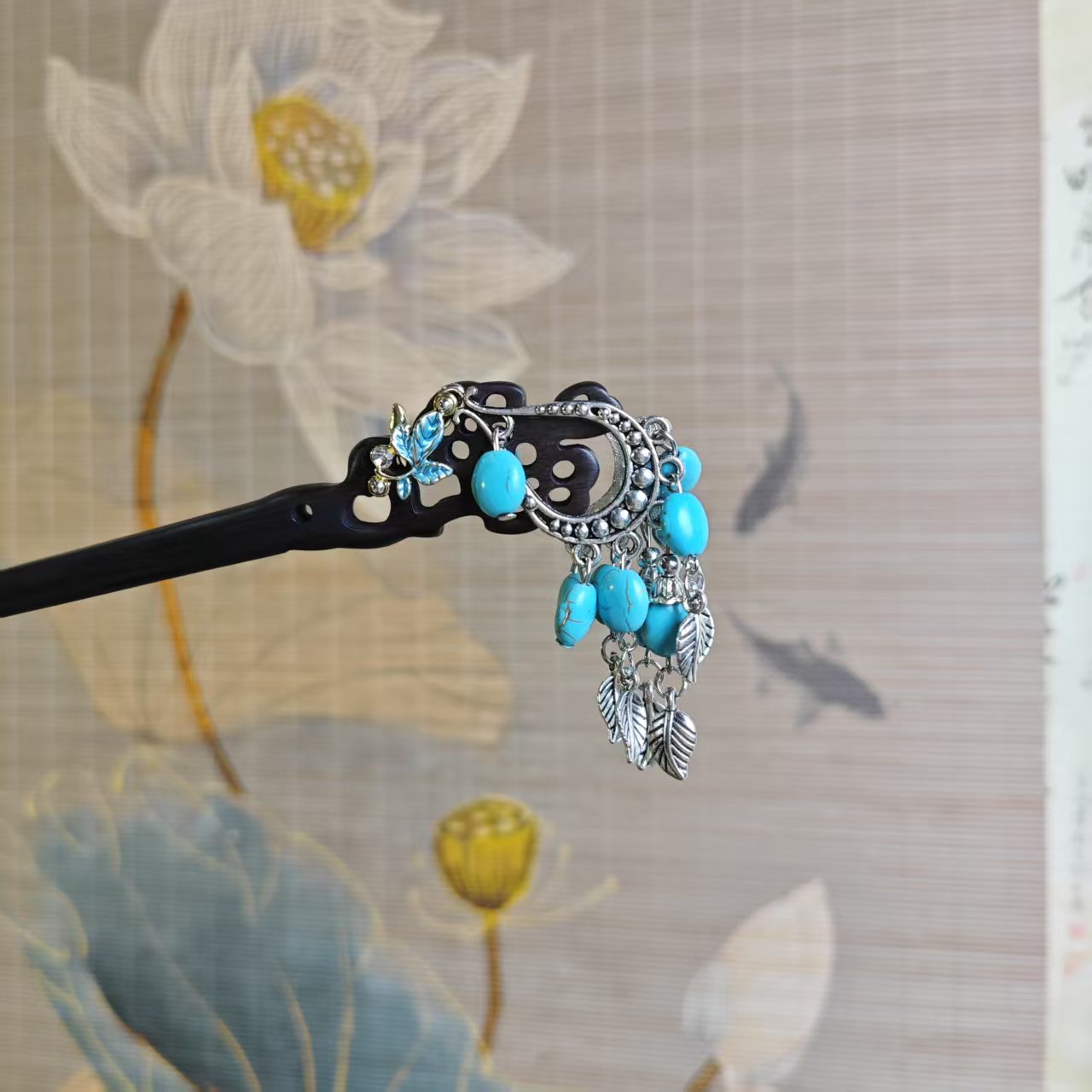 J443蓝色双面18公分流苏手工发簪