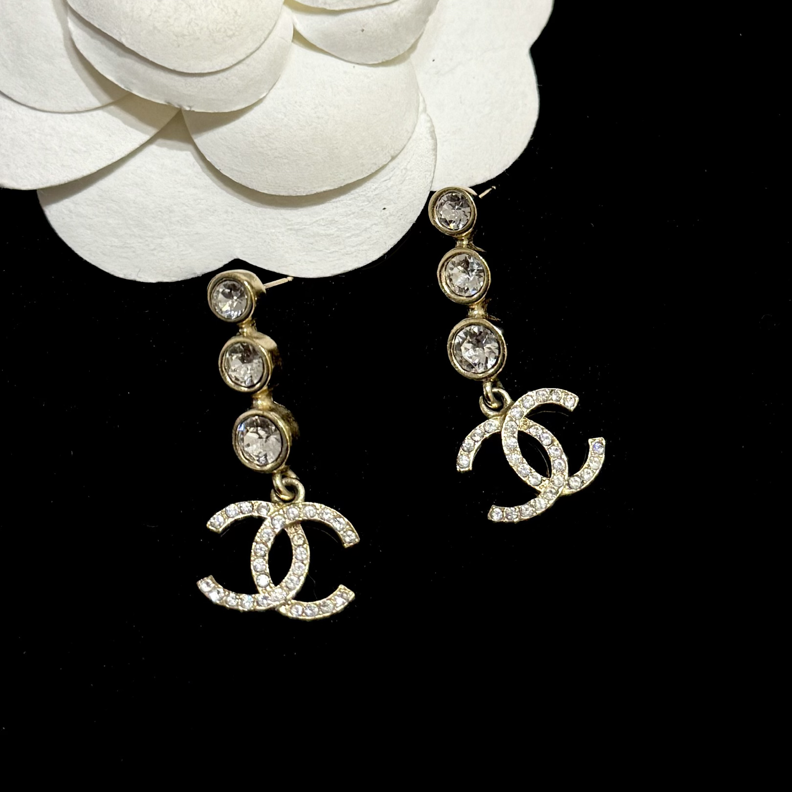 95新 Chanel/香奈儿 21B莱茵石满钻双C吊坠耳钉59817569