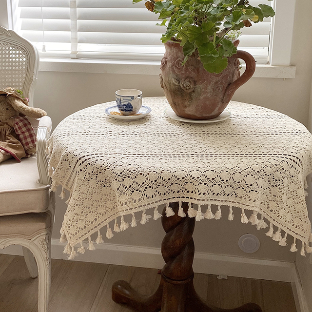 美式田园棉线钩花镂空针织桌布冰箱洗衣机盖巾花园圆桌布