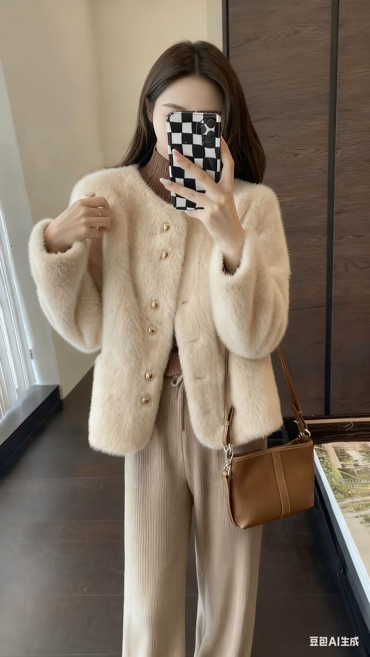 2025年秋冬新款轻奢时尚小铜扣圆领百搭小香风毛毛女外套上衣