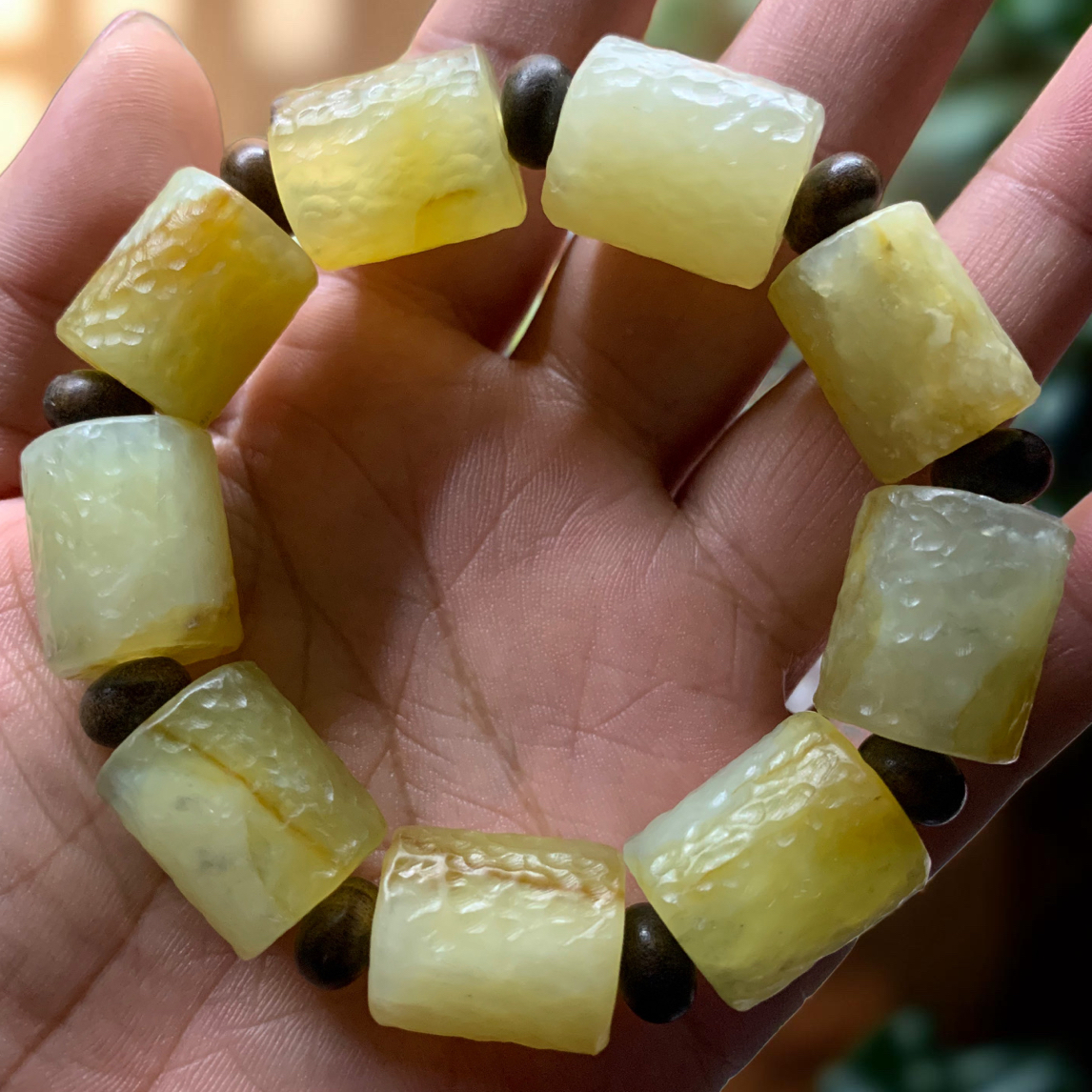 天然岫玉手工锤纹玉石王花玉桶珠手串男女同款