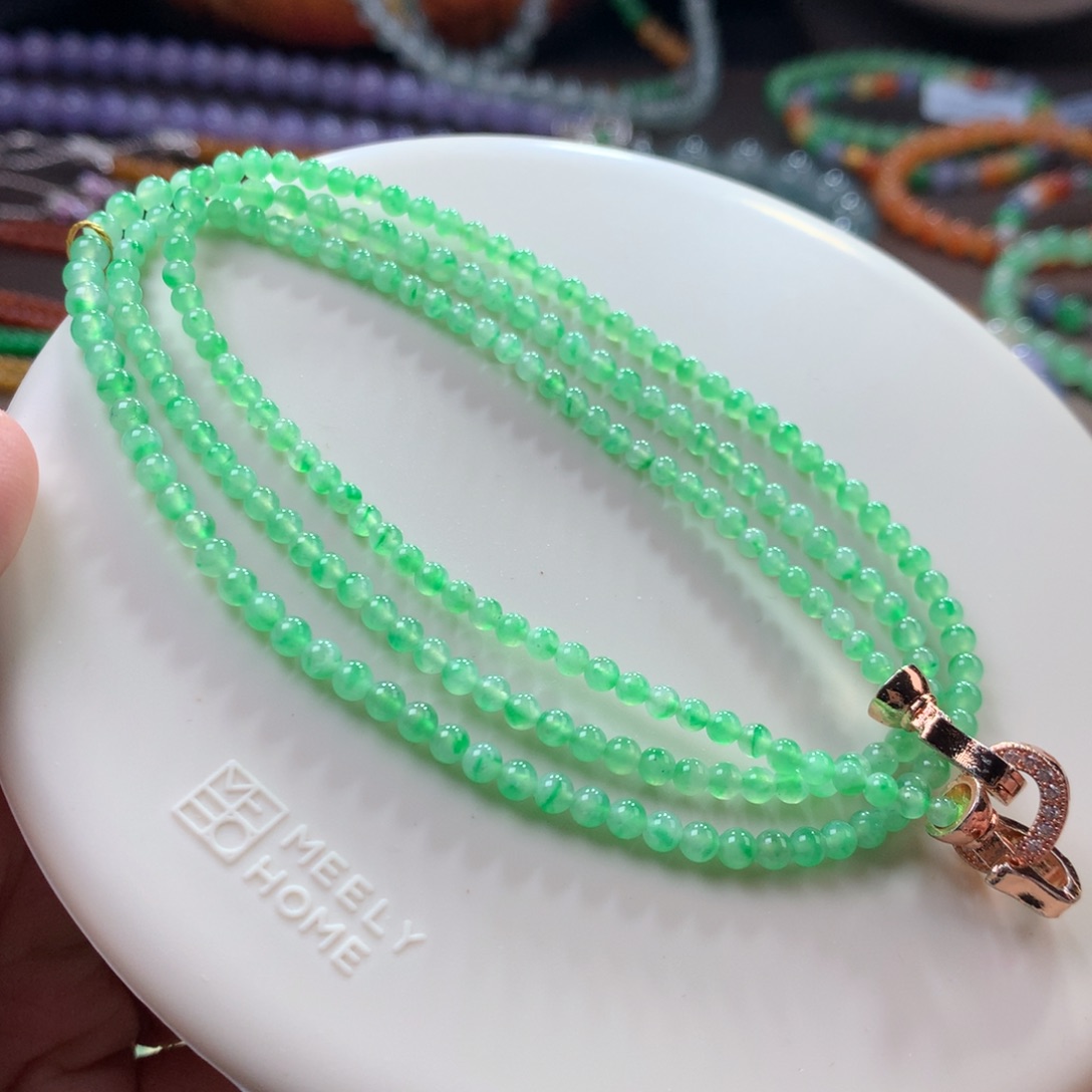 未镶嵌手链翡翠冰种金丝甜绿小米项链 卡2.8~3.5