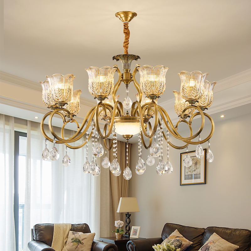 【曼铜庭华】美式吊灯全铜客厅灯欧式餐厅灯法式轻奢水晶灯中砂灯具