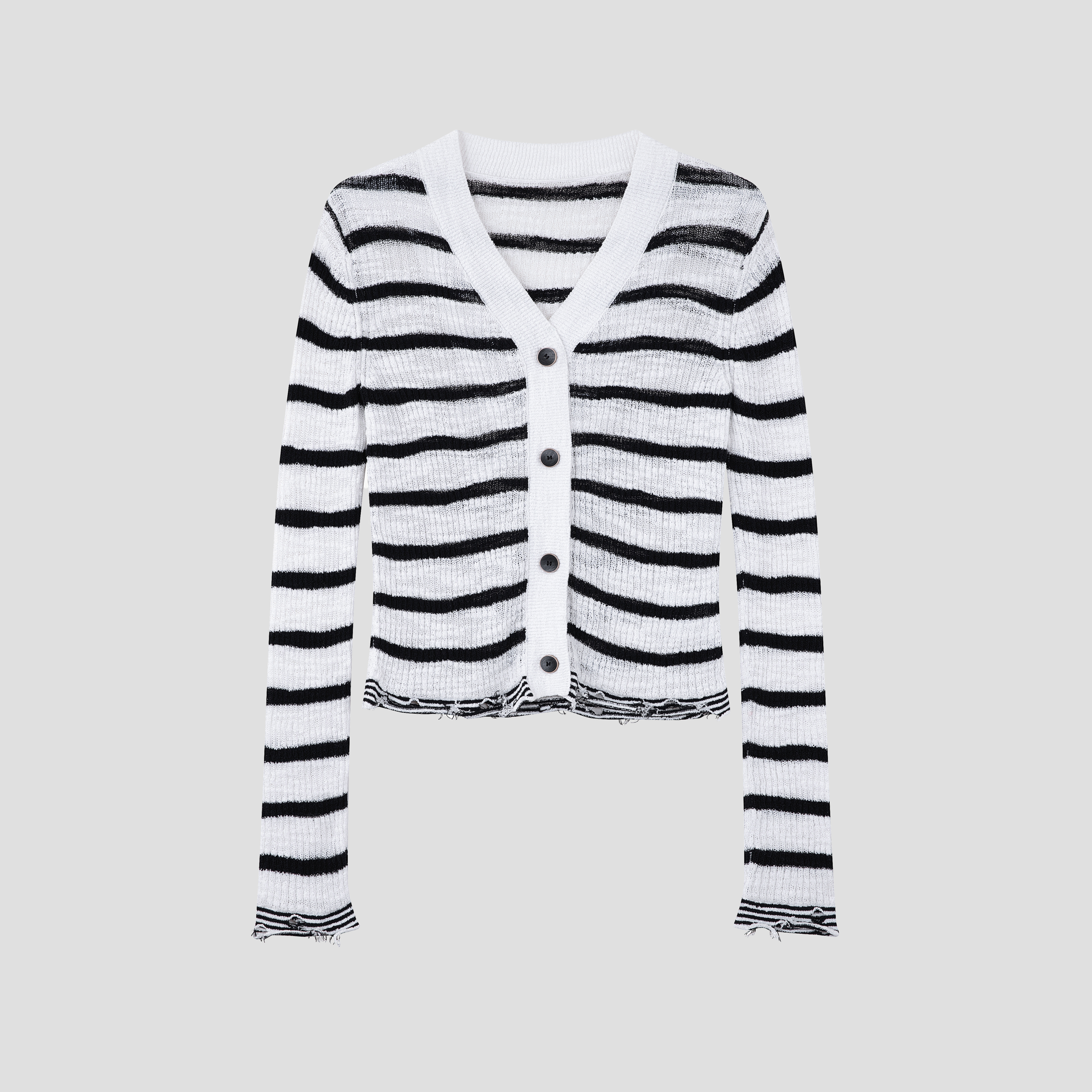 高定初秋新款女装经典黑白条纹极简大牌针织V领针织开衫女装外套