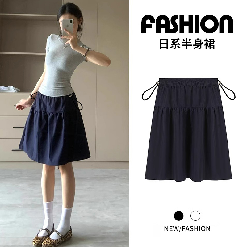 2025夏季孕妇裙学院风百搭半身裙可调不勒肚子a字伞裙藏蓝色裙子