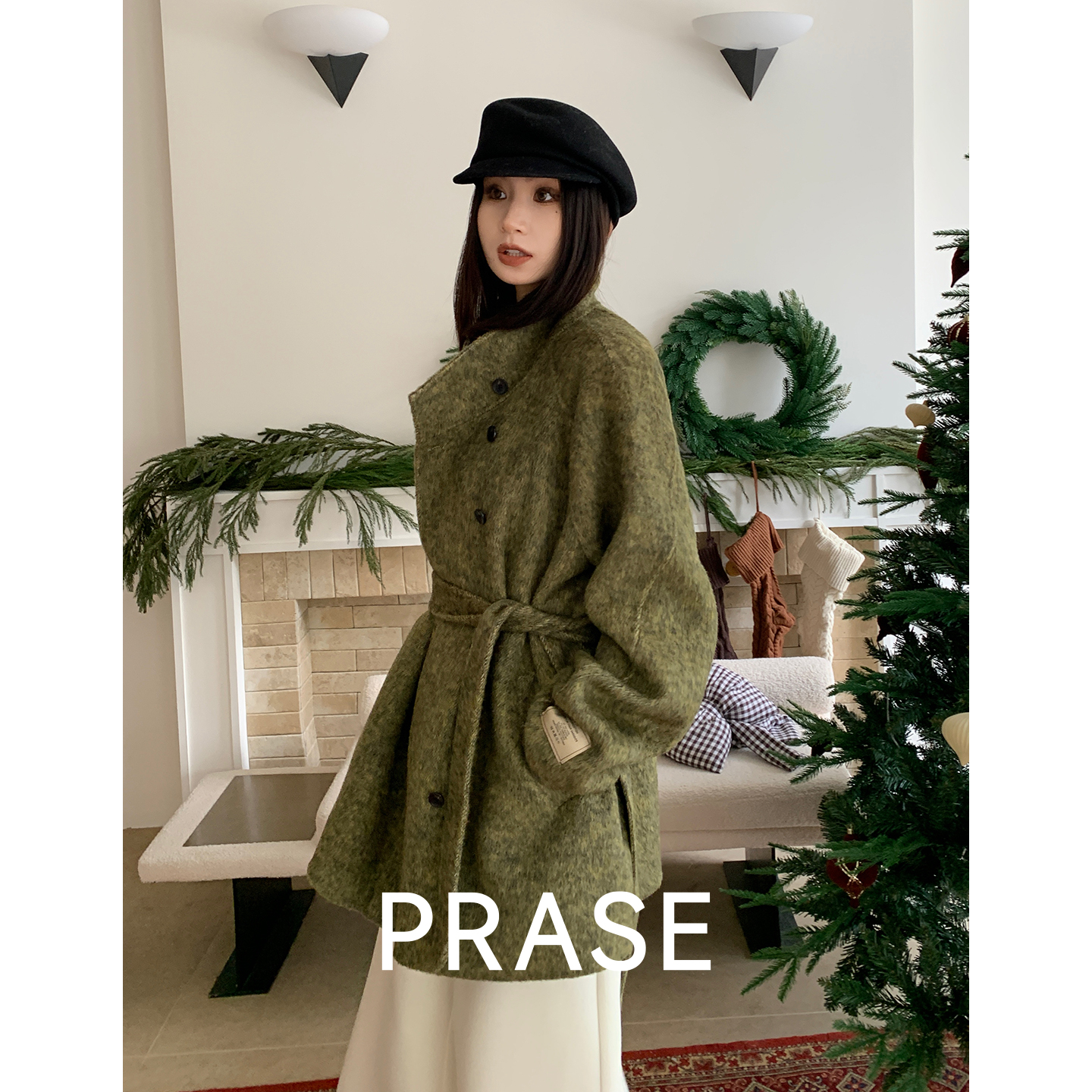 PRASE·噜【莫奈印象】桑蚕丝兔毛绵羊毛冬中长款双面呢大衣PR510C70
