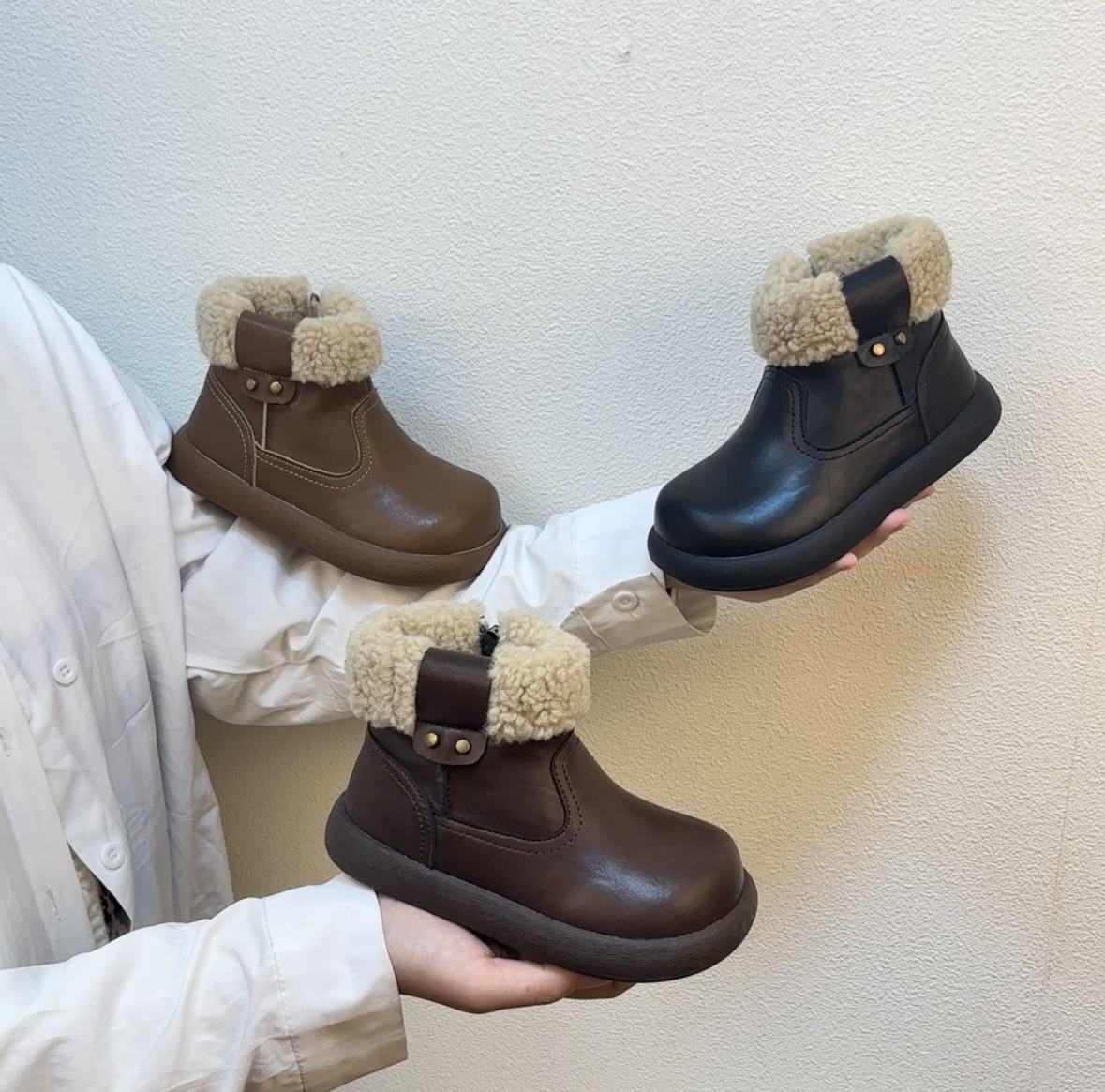 新款皮面防滑加绒二棉橡胶底小土豆鞋
