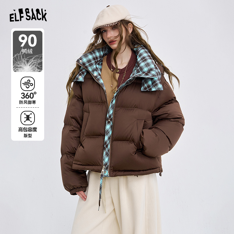 【云c专属】妖精的口袋复古格纹连帽短款羽绒服冬季新款