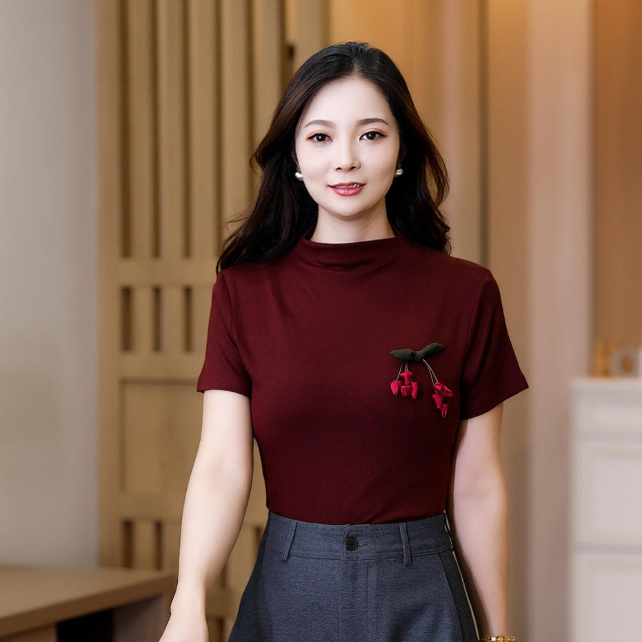 2025中领短袖修身T恤新款显瘦纯色洋气上衣打底外穿上衣女-25223