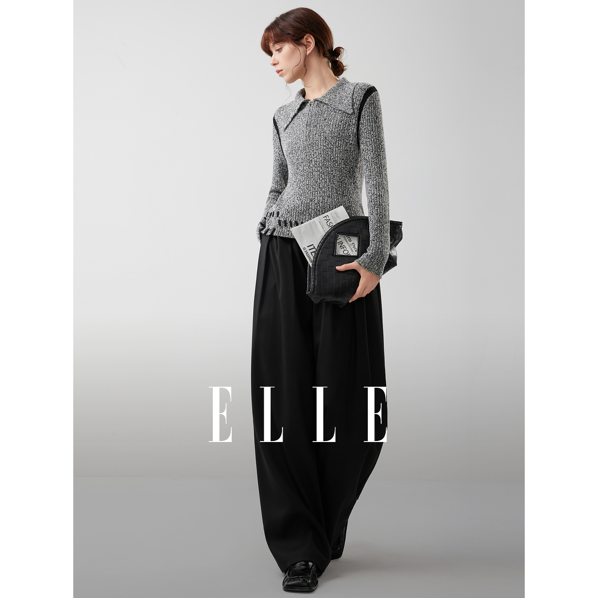 ELLE女装慵懒感拼接翻领套头毛衣2025冬季新款休闲针织衫EZ53348