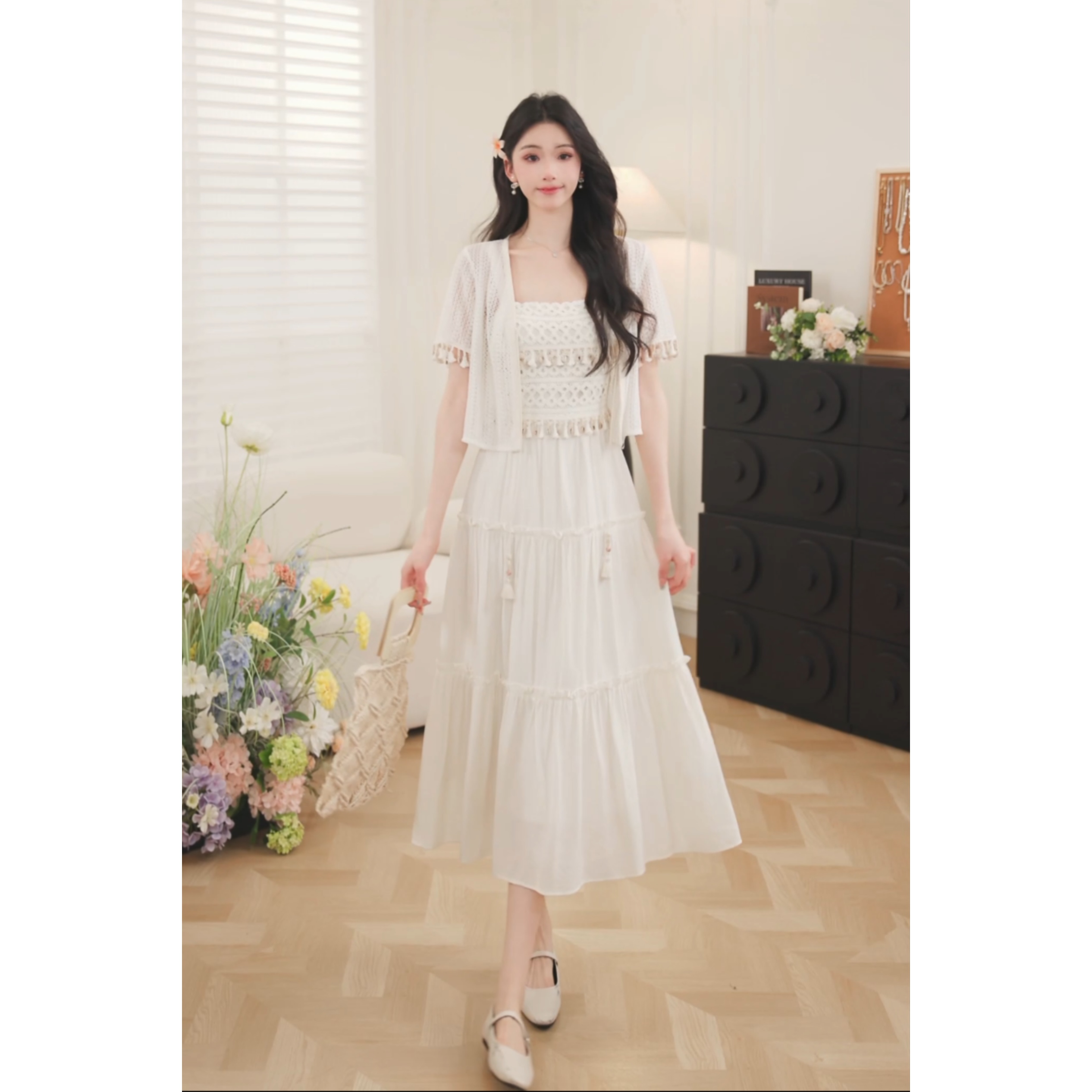 鹿向南【去有风的地方】2025年春夏新款开衫吊带裙两件套QJD00288