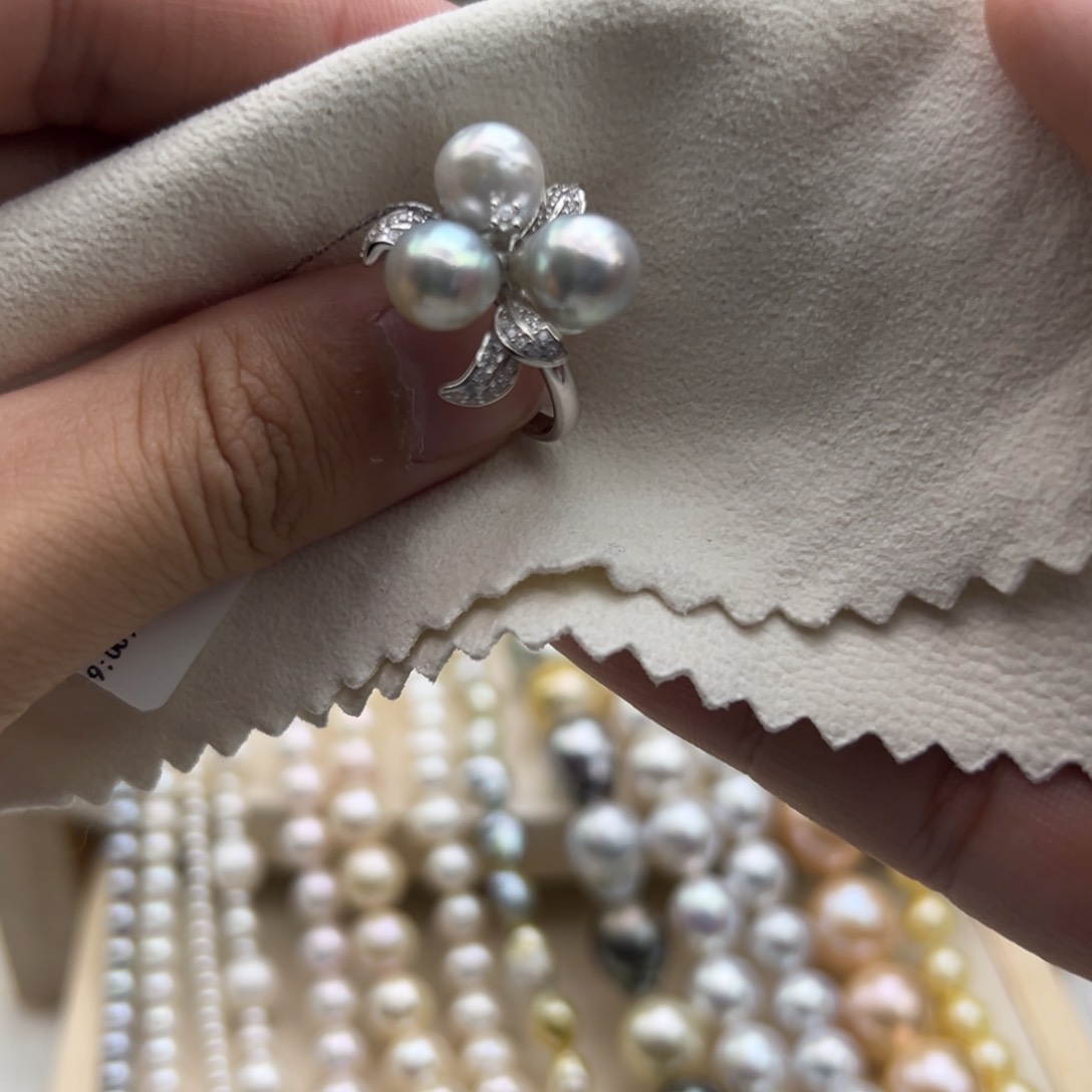 银S925镶嵌戒指海水珍珠8-8.5mm海水真多麻三珠戒指
