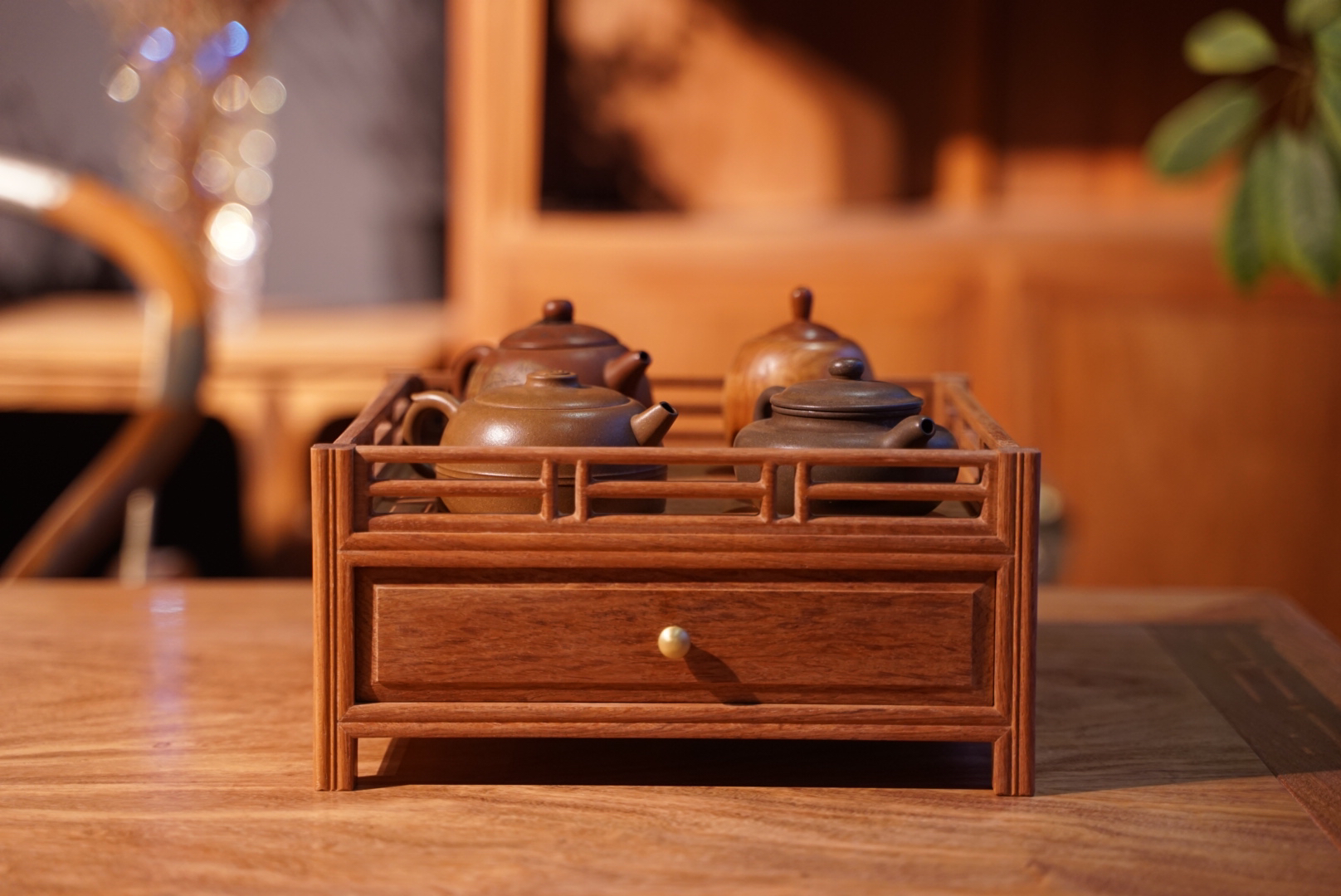 缅甸花梨大果紫檀中式红木桌面收纳盘储物盒摆件茶盘单抽屉