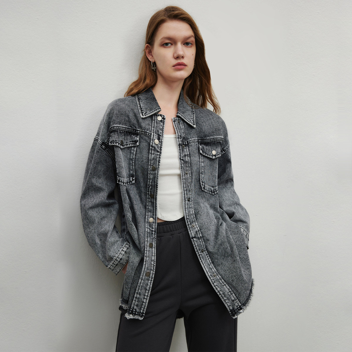 【籽言专属】美式复古牛仔外套女秋季宽松遮肉设计感翻领长袖上衣