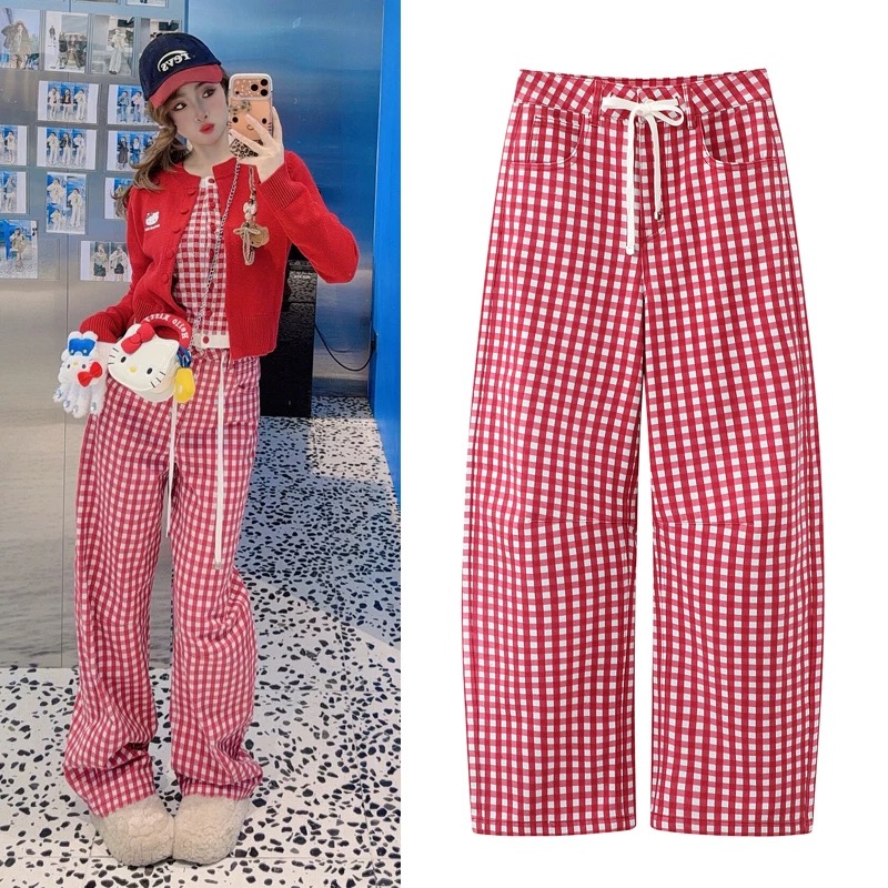 【H086】2026春季新款格纹冷转移印花红白格牛仔裤