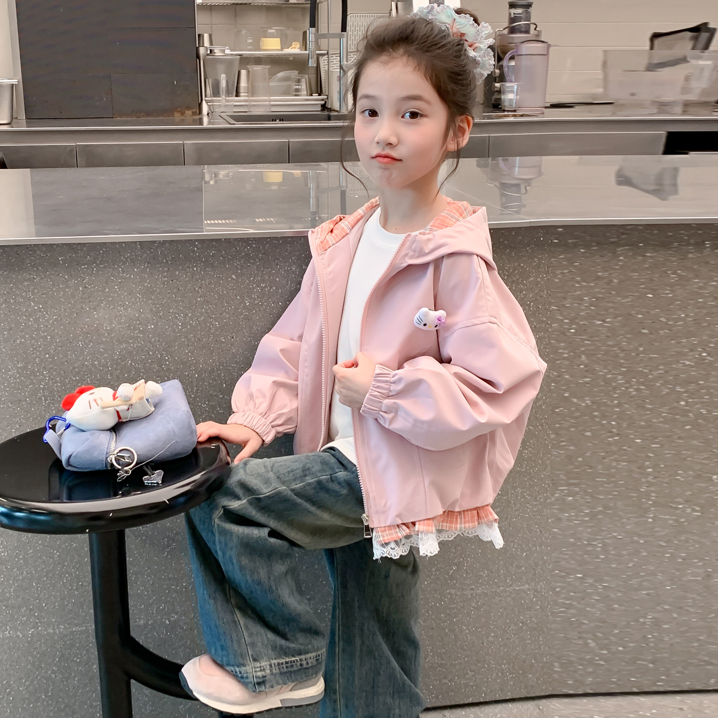 女童秋装外套2025新款儿童甜美女孩春秋季连帽夹克格子蕾丝边上衣