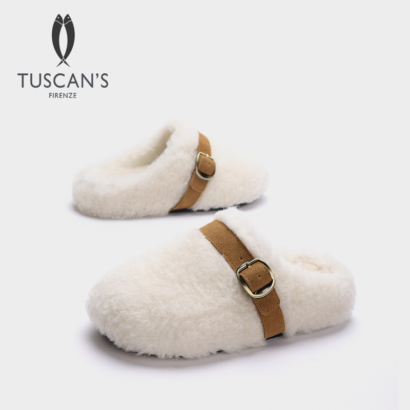 TUSCAN'S羊毛包头勃肯半拖鞋女2025秋冬新款外穿加绒保暖毛毛拖鞋