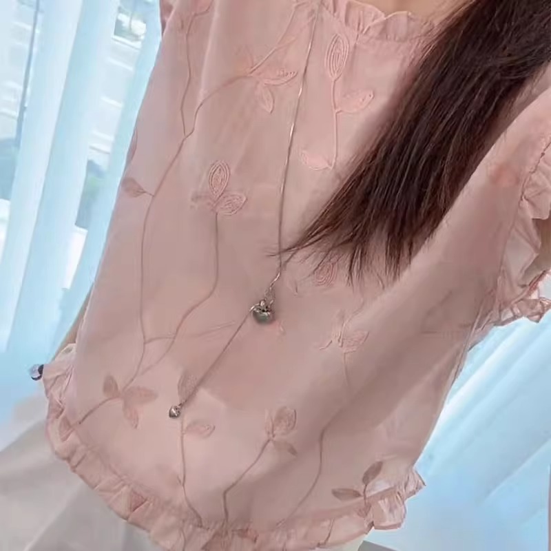 韩系设计甜美减龄木耳边刺绣无袖衬衫2025夏季新款宽松百搭小衫女