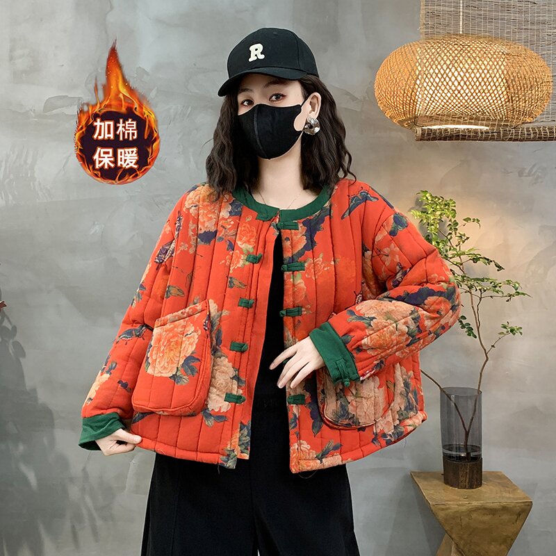 2025冬季新款加棉加厚女生棉衣短款复古宽松民族风保暖立领文艺