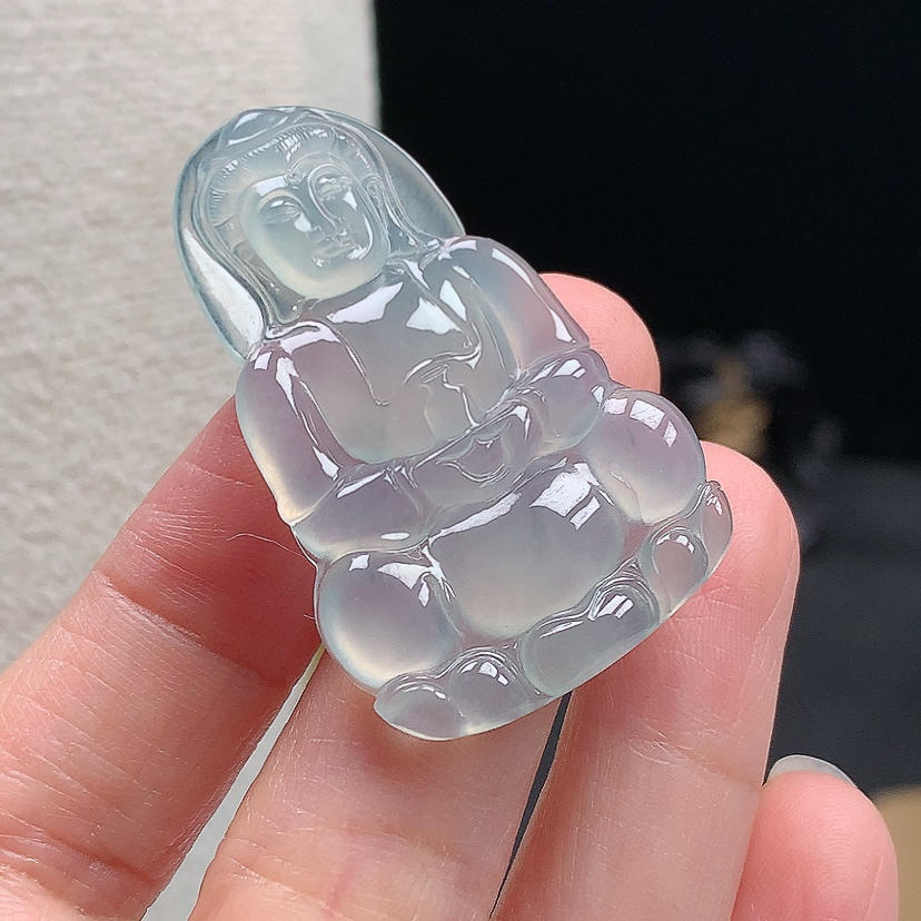 缅甸天然翡翠A货冰种正装观音吊坠挂件41.9*26.9*4.6mm