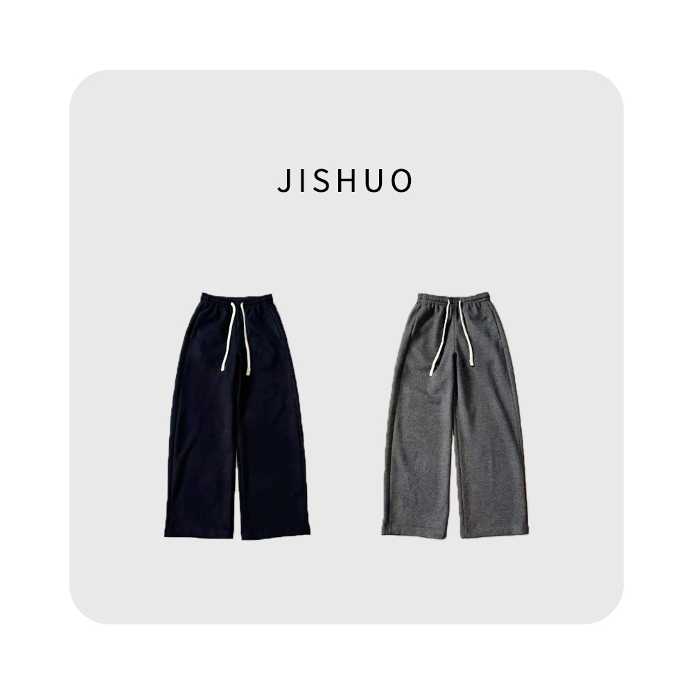冬季加绒保暖常规款休闲风口袋阔腿裤松紧腰束带时尚宽松长裤