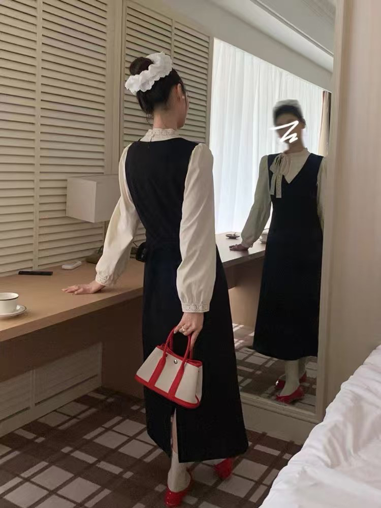 轻熟风复古气质背带连衣裙中长款修身御姐风两件套