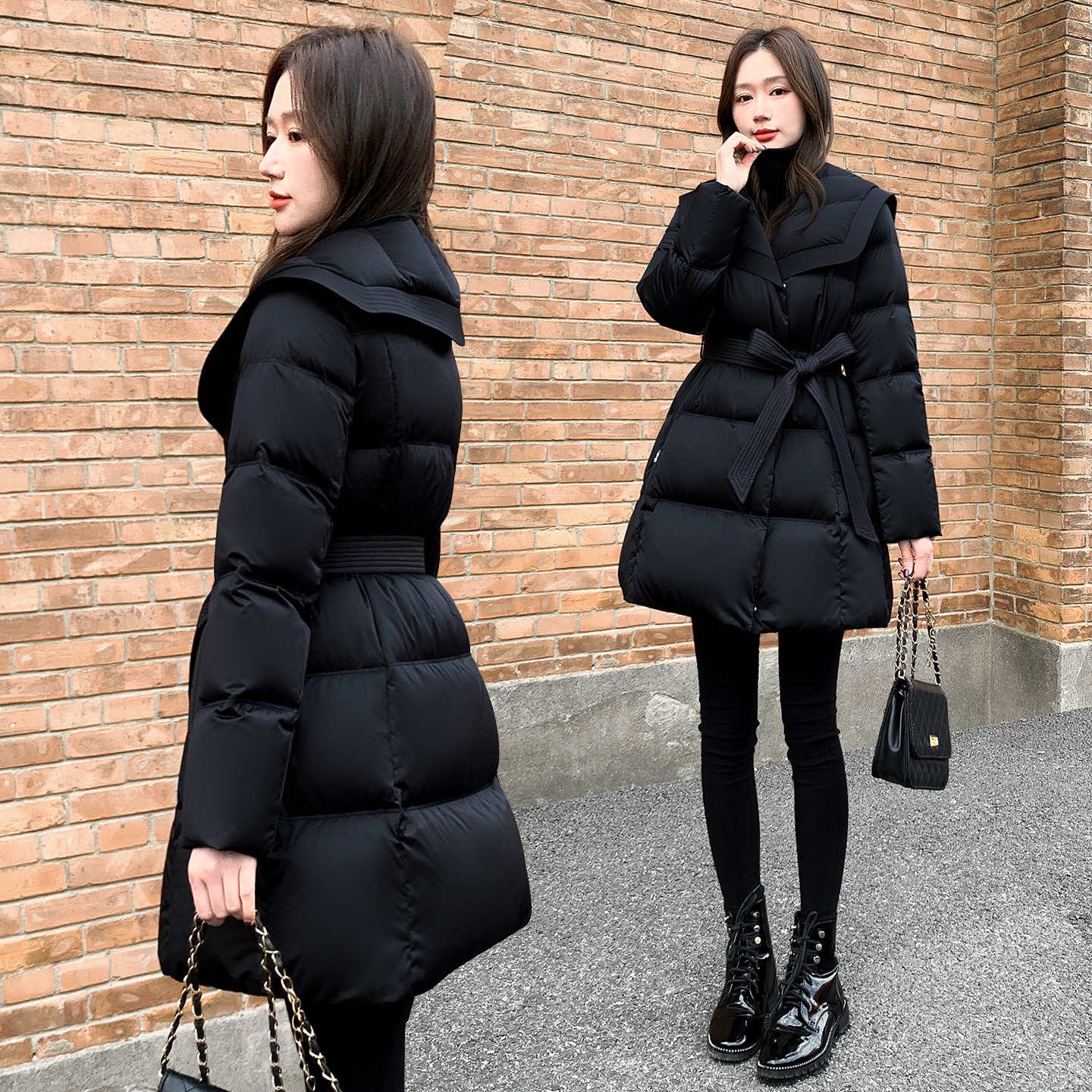 2025年新款女装冬季收腰中长款羽绒服女黑色海军领白鸭绒保暖外套