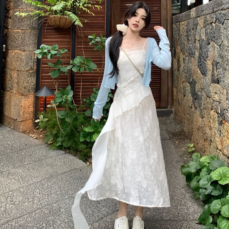 包包专属大码夏季新款胖MM韩系甜美法式气质仙女长裙+开衫8839