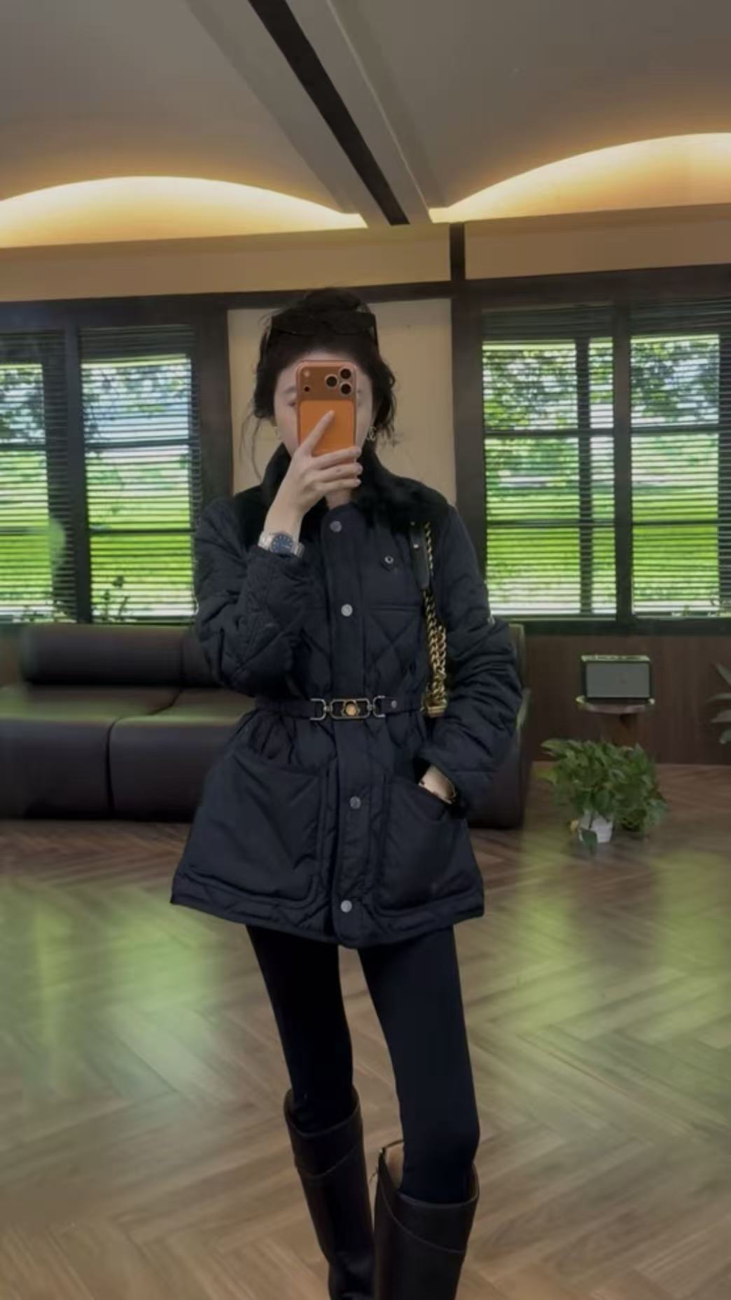 【coco】8586 M设计师款带腰带丝绒侧缝毛90鹅绒服 海军蓝