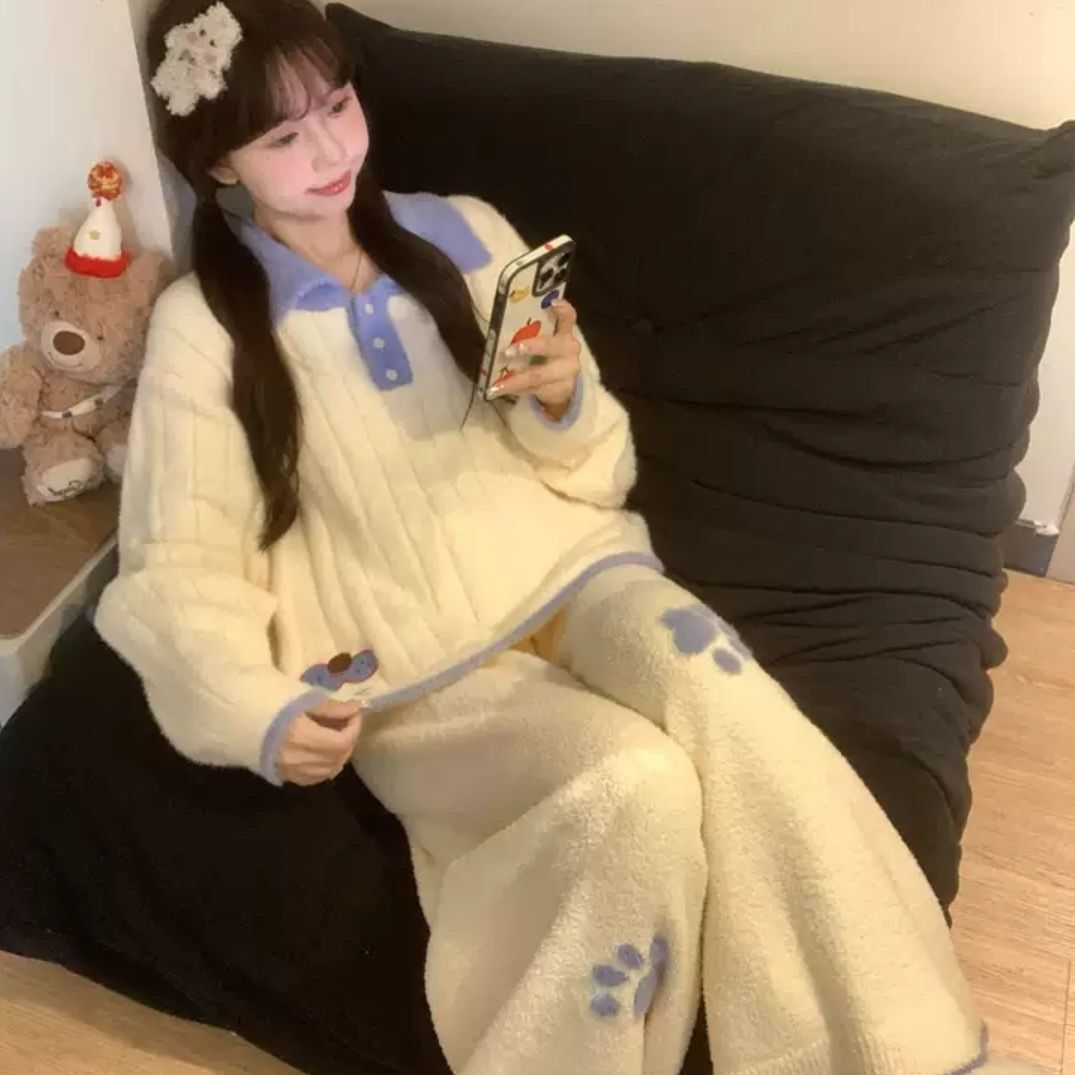 韩版甜美半边绒睡衣女秋冬季新款卡通酷猫加绒加厚保暖家居服套装