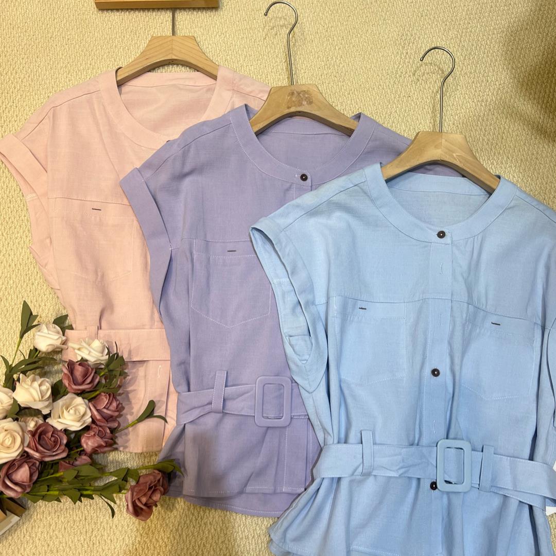 55558圆领纯色小衫夏款上衣收腰显瘦时尚百搭夏季女气质