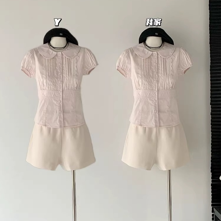 粉色蕾丝花边拼接娃娃领短袖衬衫女夏季新款甜美收腰显瘦粉色衬衫