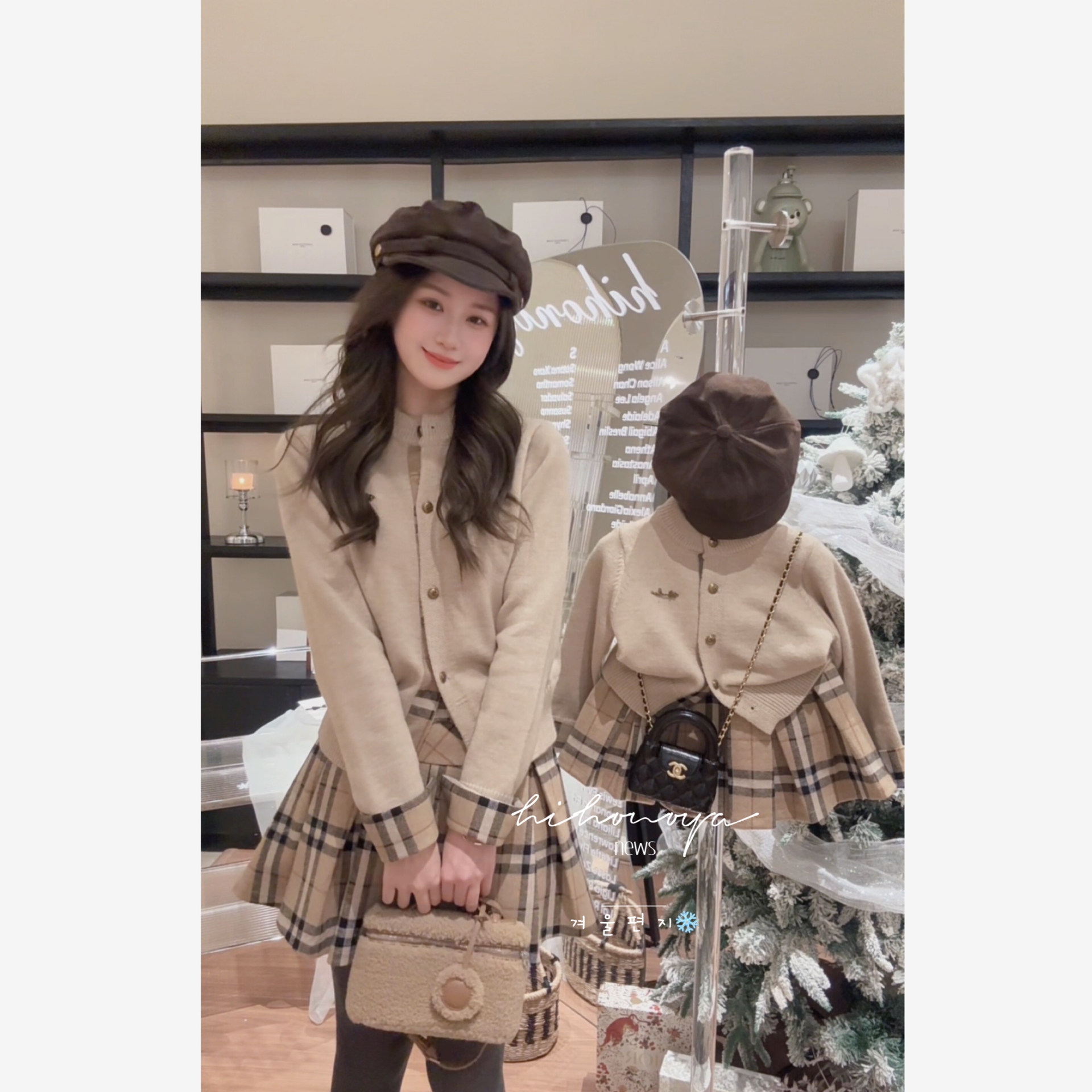【英伦往事】六Hihoniya~2025冬亲子韩系学院格纹假两件开衫套装