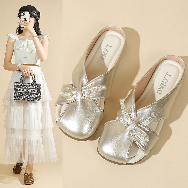 【退货补运费】欧若风夏季新款平底方头珍珠拖鞋女